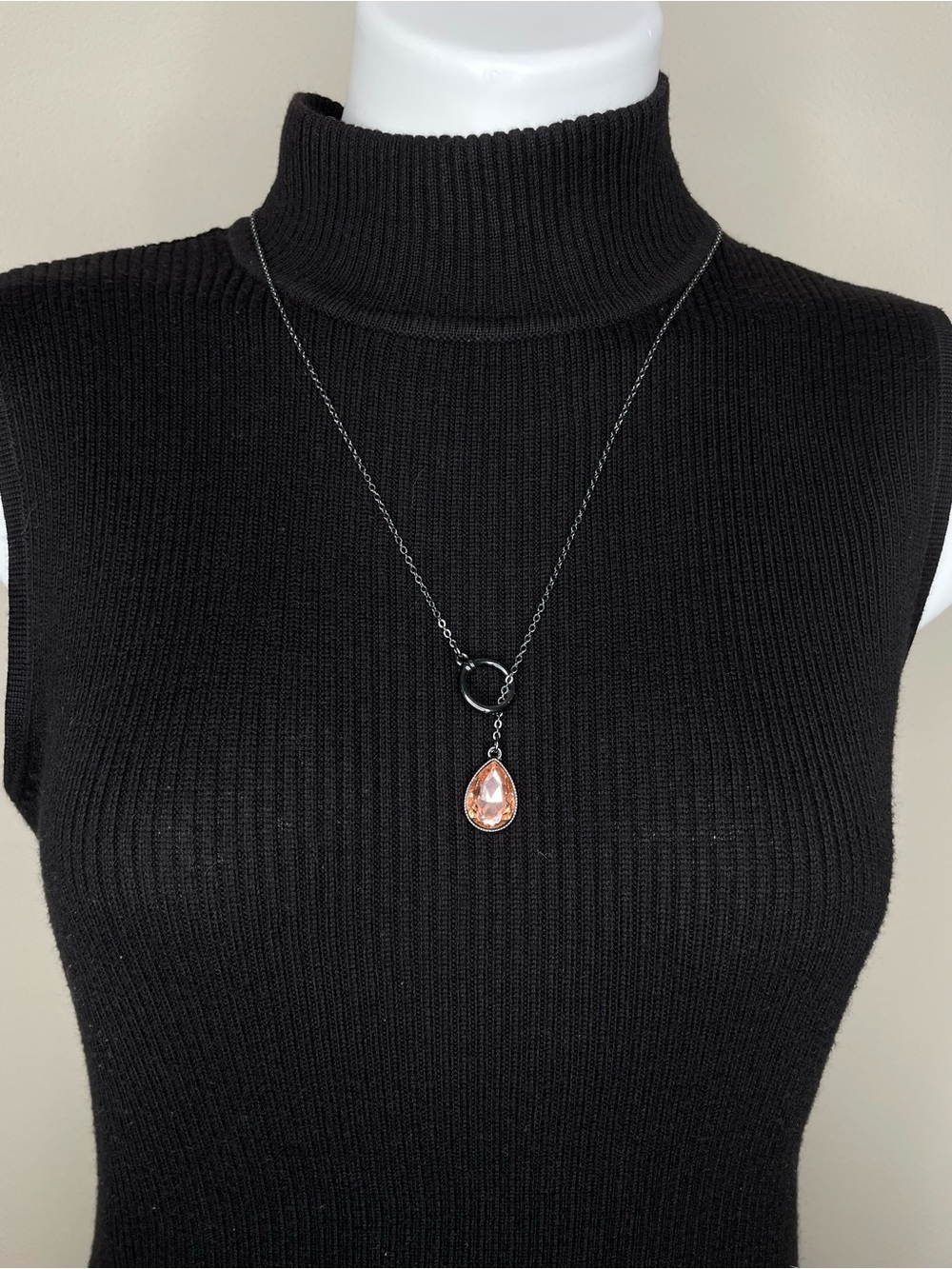 Elegant Teardrop Pendant Necklace with Peachy Pink Crystal